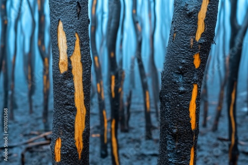 A forest suffering from acid rain caused by smog pollution, with trees slowly decaying