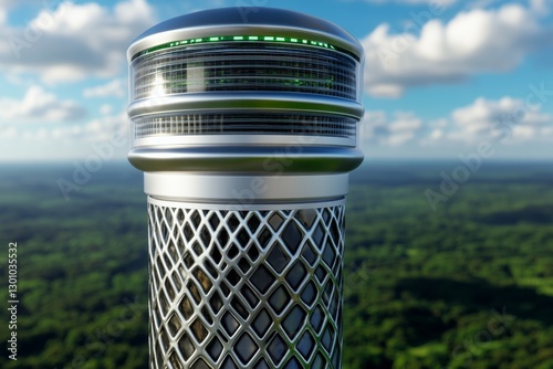 A futuristic air-purifying tower attempting to clean up exhaust pollution in a megacity