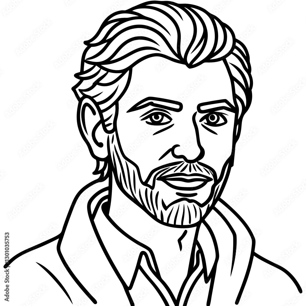 Hand-Drawn Black-And-White Portrait of a Stylish Bearded Man in Line Art Style
Hand-Drawn Black-And-White Portrait of a Stylish Bearded Man in Line Art Style