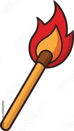 Burning Matchstick Fire Flame Clipart Illustration. Lit Match Fire Icon Simple Vector Design. Blazing with Flame Heat and Energy Symbol. Matchstick on Fire Flat Style Clipart.