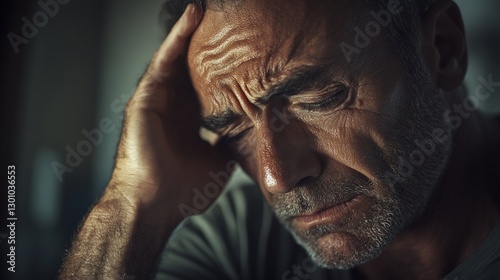 Depressed Man's Head in Hands at Home