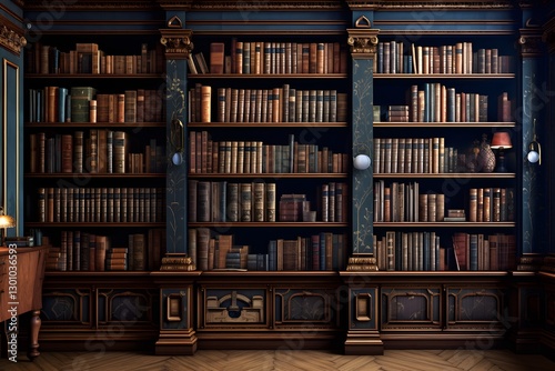 Old books library shelves with books. Whole row of old books in a library. 