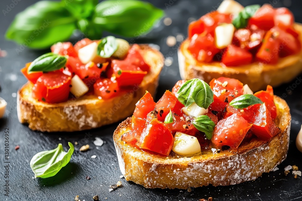 Three delicious bruschetta appetizers on a dark surface, featuring fresh tomatoes, basil leaves, garlic cloves, and a drizzle of olive oil, showcasing a healthy and flavorful snack. Three delicious bruschetta appetizers on a dark surface, featuring fresh tomatoes, basil leaves, garlic cloves, and a drizzle of olive oil, showcasing a healthy and flavorful snack.
