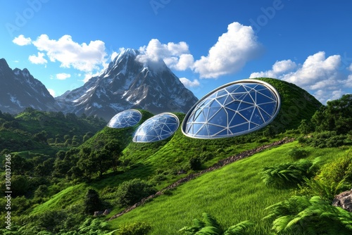 A futuristic city with protective domes shielding people from the acidic rain outside