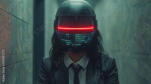 Futuristic figure in a sleek suit and illuminated helmet standing in a dimly lit corridor, evoking mystery
