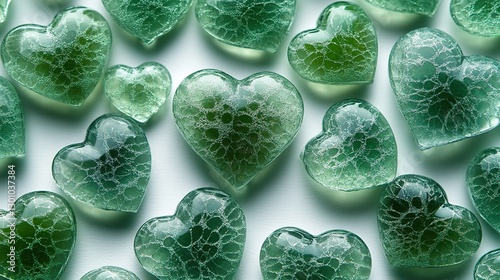 Seamless photo pattern a shamrock symbol made of green decorative glass hearts lies on a white background.