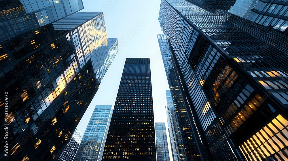 Naklejka premium NYC Skyscrapers, Upward View, Cityscape, Daylight