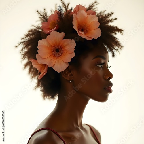 An old African American woman with a warm expression wearing a floral headpiece, natural warm soft light, side profile view, clean white background, fashion photography