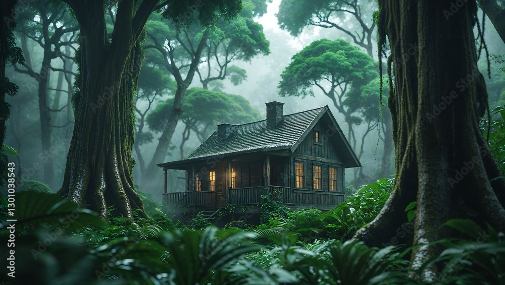 Ultrarealistic Cabin Deep in Vibrant Rainforest with Towering Emerald Canopies Ultrarealistic Cabin Deep in Vibrant Rainforest with Towering Emerald Canopies