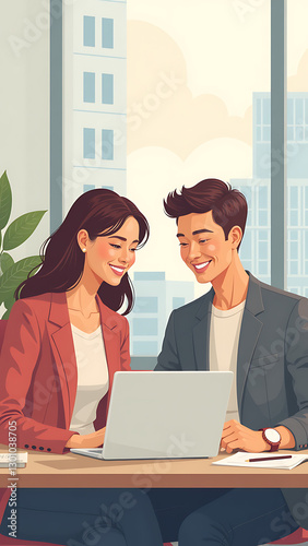 smiling colleagues glance laptops together quietly office