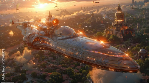 Futuristic spaceship soaring above a vibrant cityscape at sunset, showcasing advanced technology and urban life