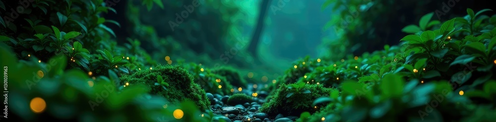 Fototapeta premium Lush greenery with an otherworldly glow in the dark, bioluminescent plants, glowing greenery