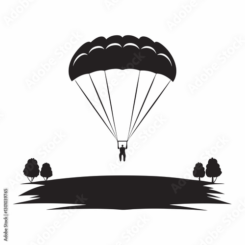 Person parachuting over grassy hill with trees