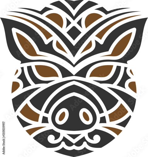 Stylized tribal boar tattoo design featuring intricate geometric patterns in black and brown, symbolizing strength, resilience, and courage.