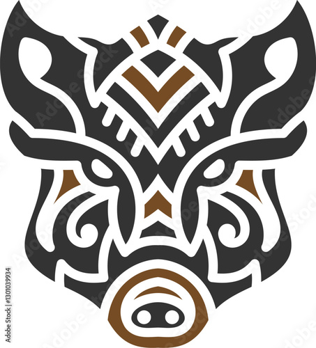 Fierce tribal wild boar tattoo design featuring intricate geometric patterns in black and brown, symbolizing strength, power, and resilience.