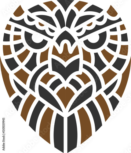 Striking tribal owl face tattoo design featuring bold geometric patterns in black and brown, symbolizing wisdom, strength, and intuition.