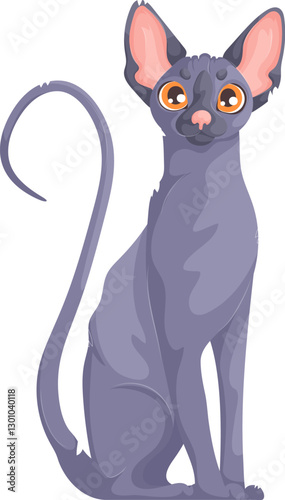 Vector illustration of a tall, gray hairless Sphynx cat with orange eyes, large ears, and a long curled tail on a white background.