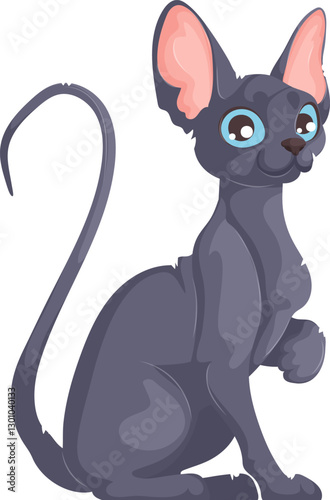 Vector illustration of a gray hairless Sphynx cat with blue eyes, large ears, and a raised paw, sitting on a white background.