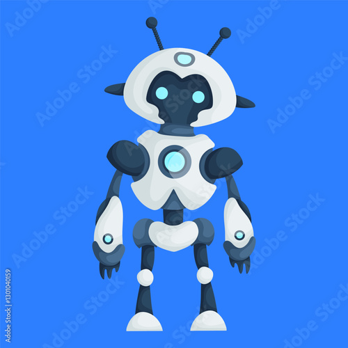 Illustration of a futuristic humanoid robot with white and blue accents, standing against a solid blue background.