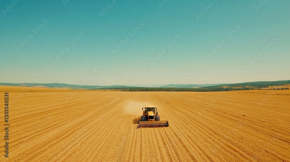 Tractor Harvesting Golden Wheat Field on Sunny Day Aerial View Tractor Harvesting Golden Wheat Field on Sunny Day Aerial View