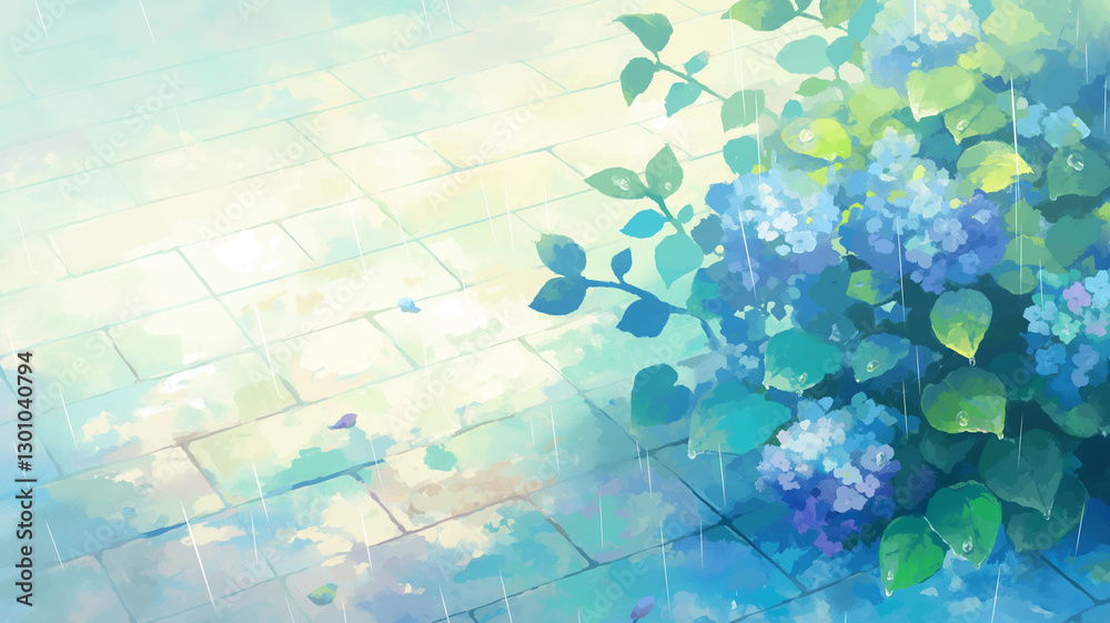 Fototapeta premium 雨上がりの石畳と青い紫陽花｜爽やかな季節の背景素材