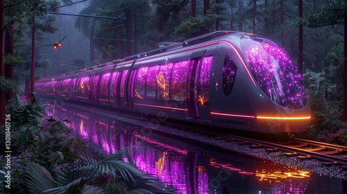 Futuristic train gliding through a mystical forest at dusk, reflecting vibrant colors on water