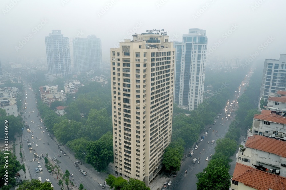 Obraz premium A gothic city engulfed in thick exhaust fumes, where streetlights barely shine through the smog