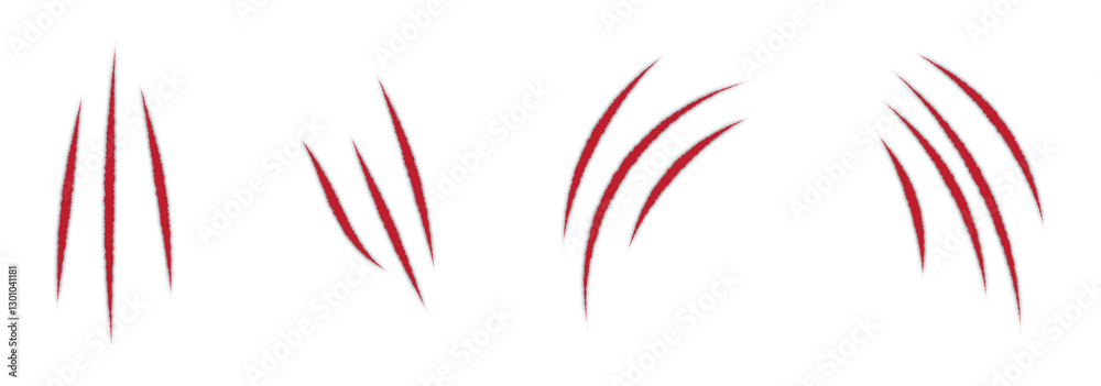 Obraz premium animal claw scratch marks on white background. Cat tiger paw shape scratches signs. animal claw scratches mark set. scar or scratch icons for wilderness, animal attack, wild animal, warning.