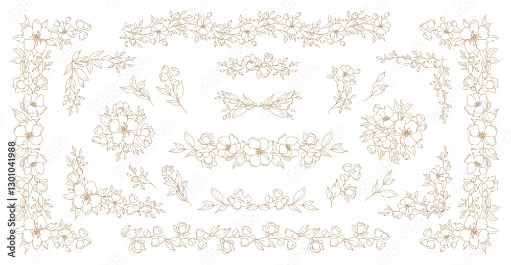 Luxury floral set line art frame, border, corner. Elegant bouquet of flowers, branches, leaves. Vector illustration with botanical decorative elements for greeting card, wedding decor