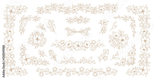 Luxury floral set line art frame, border, corner. Elegant bouquet of flowers, branches, leaves. Vector illustration with botanical decorative elements for greeting card, wedding decor