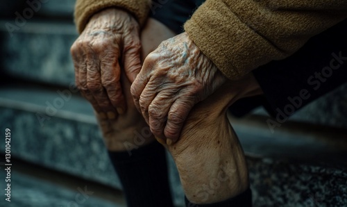 Elderly person with arthritic knee pain on outdoor stairs photo