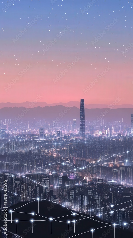 A serene futuristic cityscape under a starlit sky, highlighting high-rise buildings and interconnected structures, symbolizing tranquility and progress. A serene futuristic cityscape under a starlit sky, highlighting high-rise buildings and interconnected structures, symbolizing tranquility and progress.