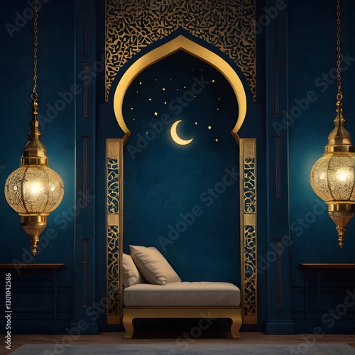 Islamic blue blank minimalist wallpaper, crescent big size in the middle, shining in gold , Ramadan the holy month, warm ambience, blessing