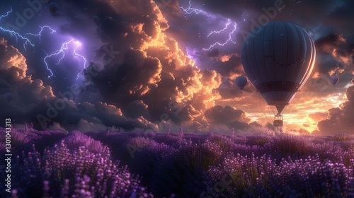 Hot air balloon floating over a lavender field during a dramatic sunset with lightning in the background