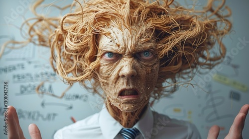 Intense expression of a person with wild hair resembling spaghetti in a chaotic office setting