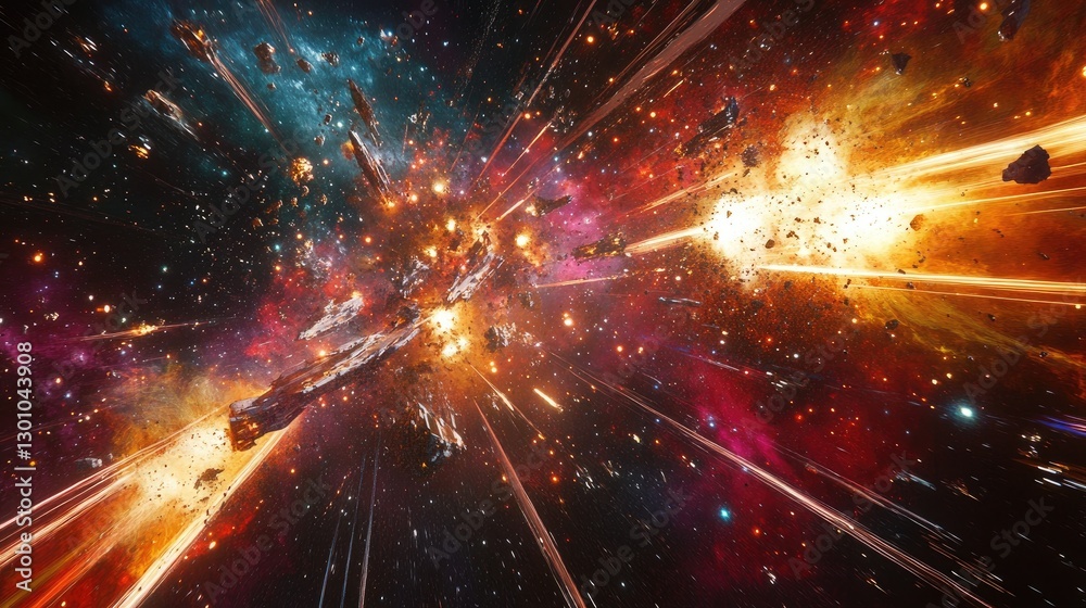 Naklejka premium Futuristic space battle starships firing laser beams amidst chaotic cosmic backdrop. Explosions debris asteroid fields dominate intense galactic war technology interstellar conflict. Generative AI