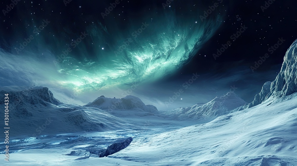 Fototapeta premium Frozen alien landscape featuring icy peaks and a vibrant aurora in green hues. A mysterious planet hovers in the starry night sky surreal otherworldly scene of cosmic beauty isolation. Generative AI