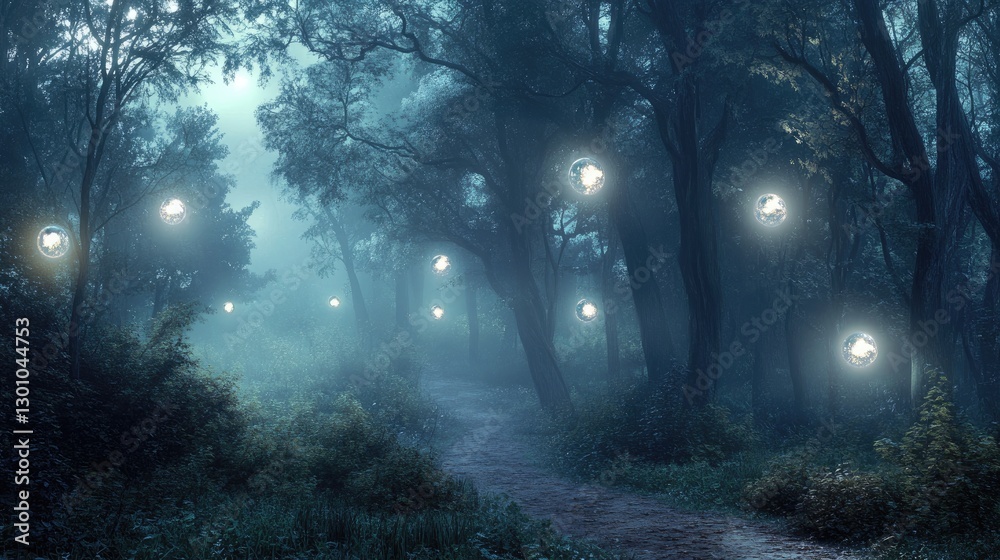 Fototapeta premium Enchanted forest filled with glowing orbs of warm light hanging from tall trees. The magical, misty atmosphere creates a serene yet mysterious woodland scene, evoking fantasy and wonder. Generative AI