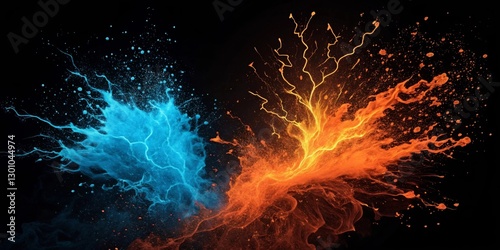 Electric blue and orange background. effect thunderbolt on black background. versus
