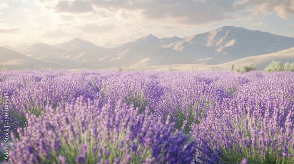 Obraz premium Lavender field at sunset, with vibrant purple flowers stretching toward majestic snow-capped mountains in distance. The scenic landscape tranquility, natural beauty charm of rural life. Generative AI