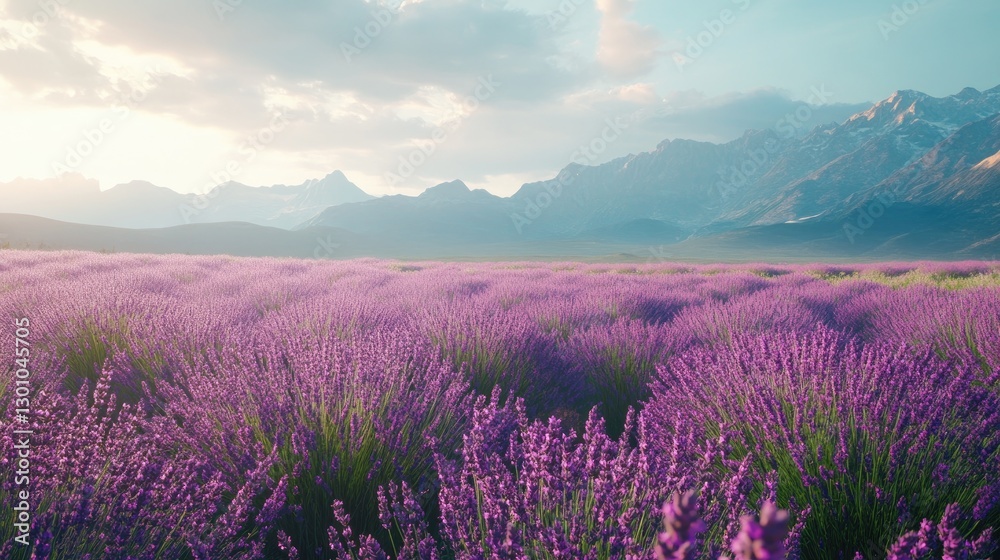 Obraz premium Lavender field at sunset, with vibrant purple flowers stretching toward majestic snow-capped mountains in distance. The scenic landscape tranquility, natural beauty charm of rural life. Generative AI