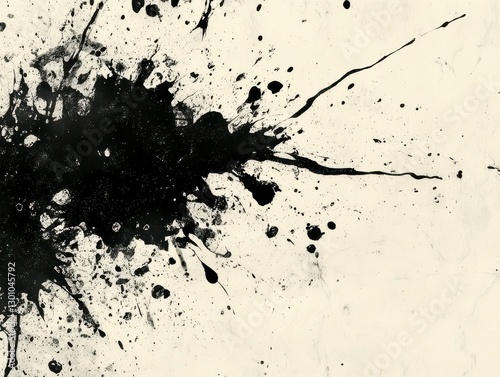 Abstract Black Ink Splatter on Off White Textured Background