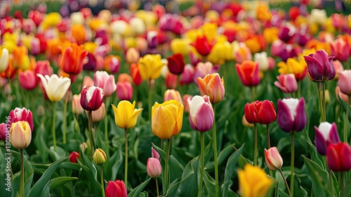 A vivid field of tulips in full bloom, showcasing array of red, pink, yellow orange flowers under soft natural light. The bright cheerful setting represents beauty of spring and renewal. Generative AI