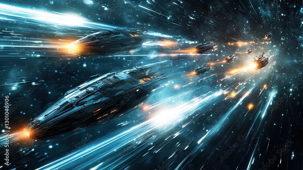 Obraz premium Fleet of futuristic starships traveling at warp speed through glowing blue cosmic tunnel. The dynamic scene the concept of interstellar travel advanced technology high-speed exploration. Generative AI