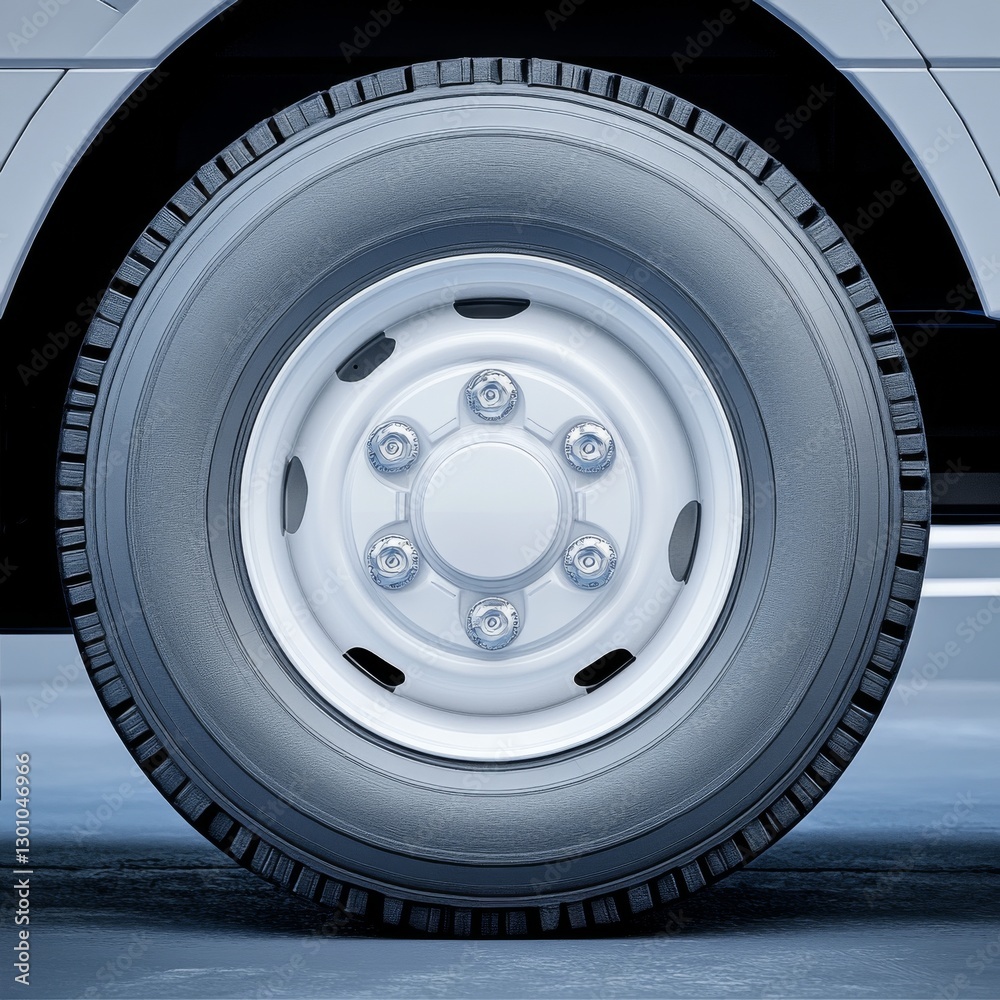 Fototapeta premium Truck Tire Detail: A close-up view of a heavy-duty tire on a truck, showcasing its tread pattern and robust construction.