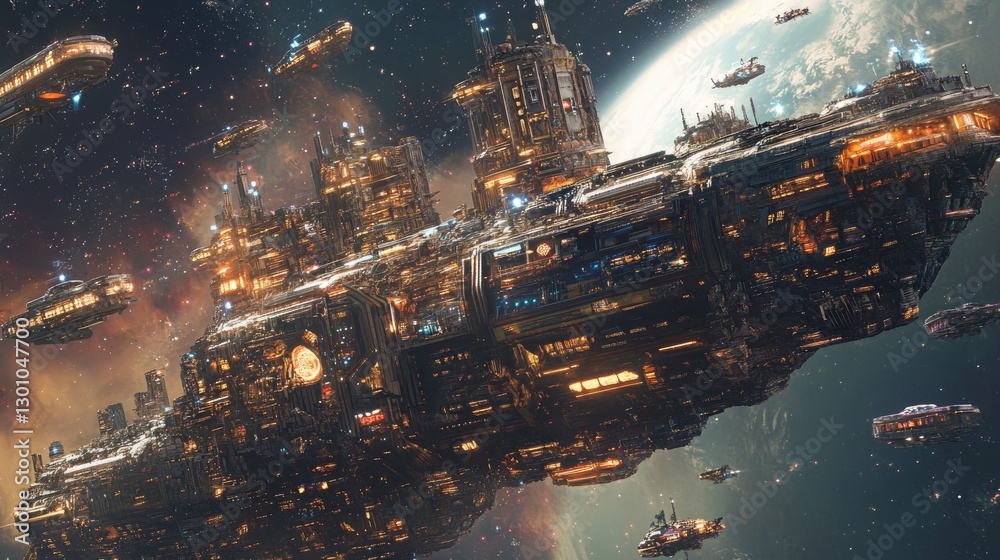 Obraz premium Futuristic space cityscape with massive structures extending from planet. Illuminated buildings and flying spacecraft surround orbital city. Stars and distant celestial objects visible. Generative AI