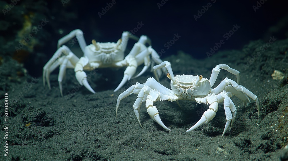 Fototapeta premium Two white crabs are situated on dark colored ocean floor