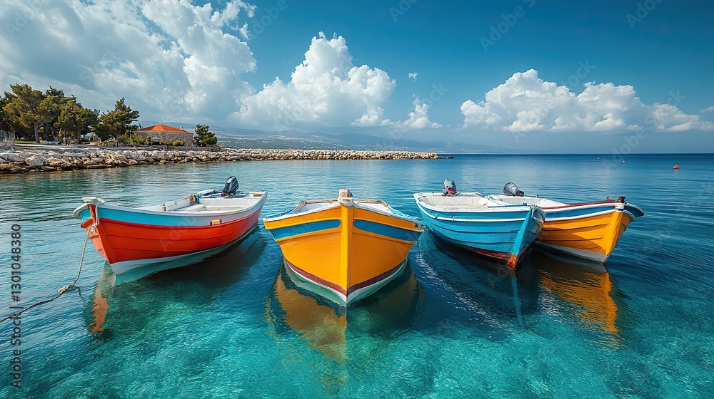 Small colorful fishing boats equipped with nets are moored in the Limassol port, Cyprus island. Small colorful fishing boats equipped with nets are moored in the Limassol port, Cyprus island.