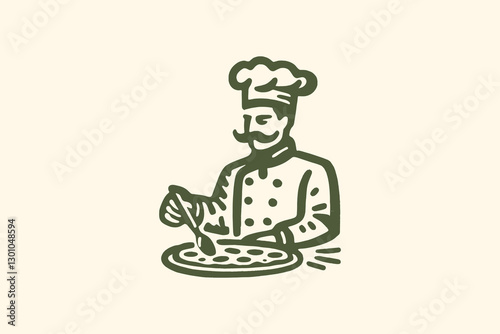 Italian chef with pizza, vintage line art icon, monochrome