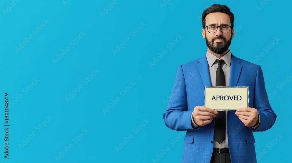 Businessman Holding Approved Sign in Formal Suit Against Blue Background Businessman Holding Approved Sign in Formal Suit Against Blue Background